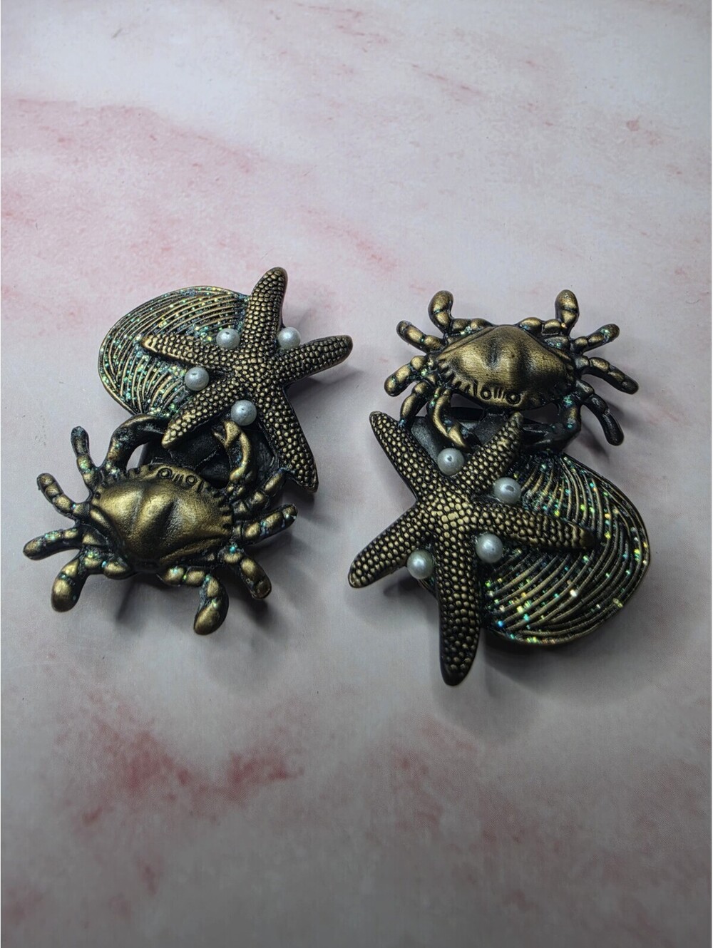 Sassy Clips Flip Flop Pair Crab Starfish Shell Brass Matte Gold Faux Pearl